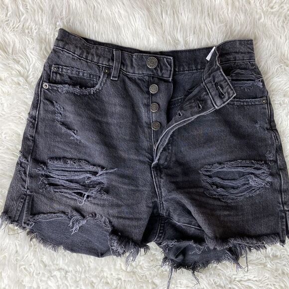 Garage Denim Button Fly Black Distressed Vintage Frayed Hem Shorts Junior Sz 1 - Picture 1 of 10
